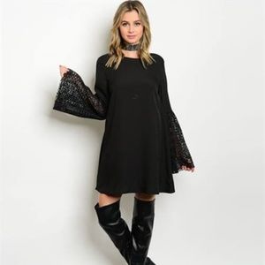Black Boho Tunic Dress with Big Lace Bell Sleeves